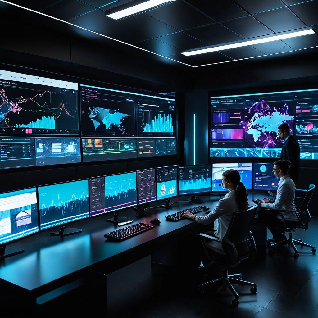 A futuristic, high-tech control center with holographic screens displaying user behavior analytics and web data being transformed into actionable insights. Diverse team of professionals analyzing graphs, charts, and user interface heatmaps. Sleek and modern design with vibrant colors and dynamic elements. cyberpunk. vibrant colors. 3D.