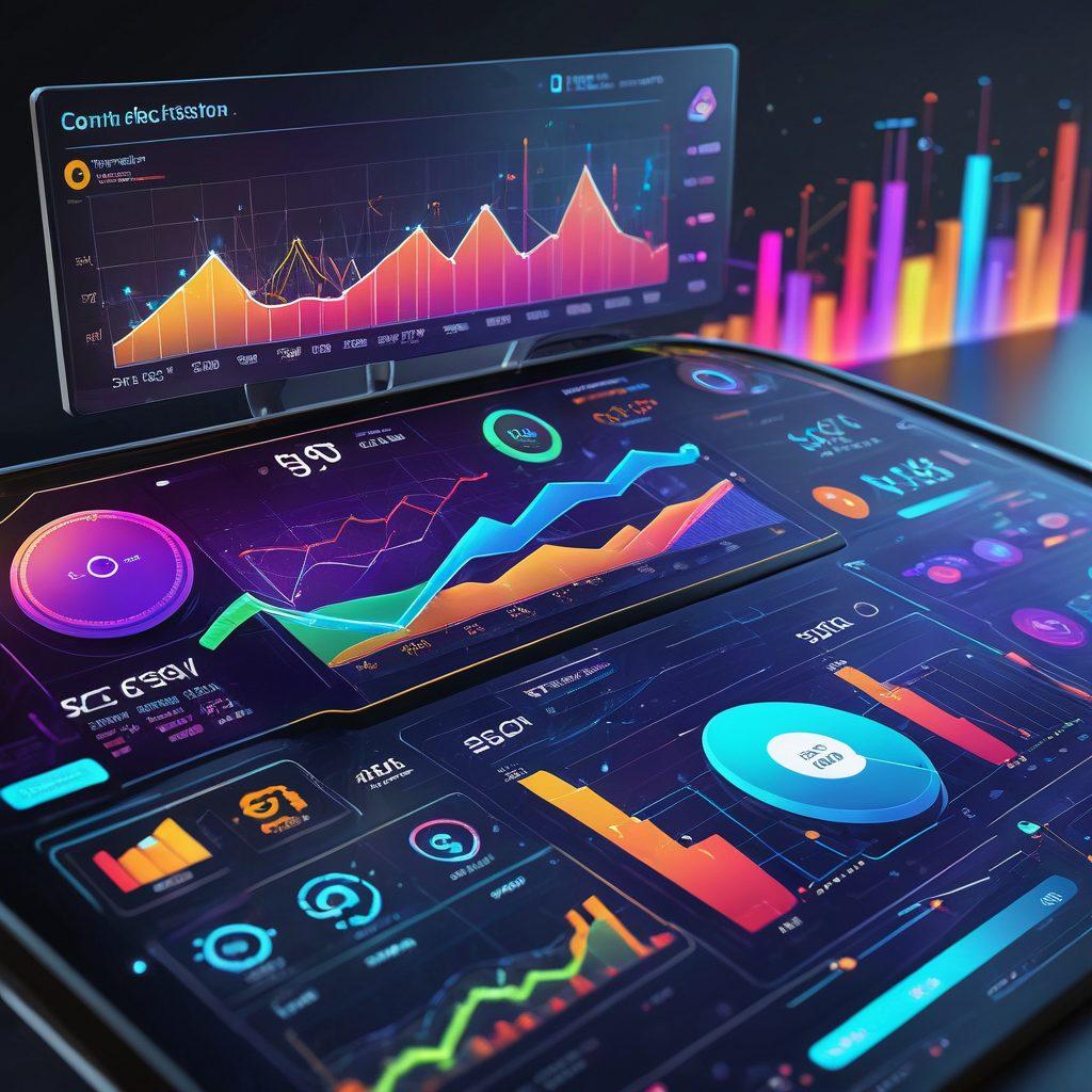 A futuristic digital dashboard displaying colorful graphs and analytics charts, showcasing data flow, user traffic, and conversion rates with interconnected icons representing SEO strategies. Background of a high-tech cityscape to symbolize progress and growth. Sleek, modern design with vibrant colors. 3D, super-realistic.