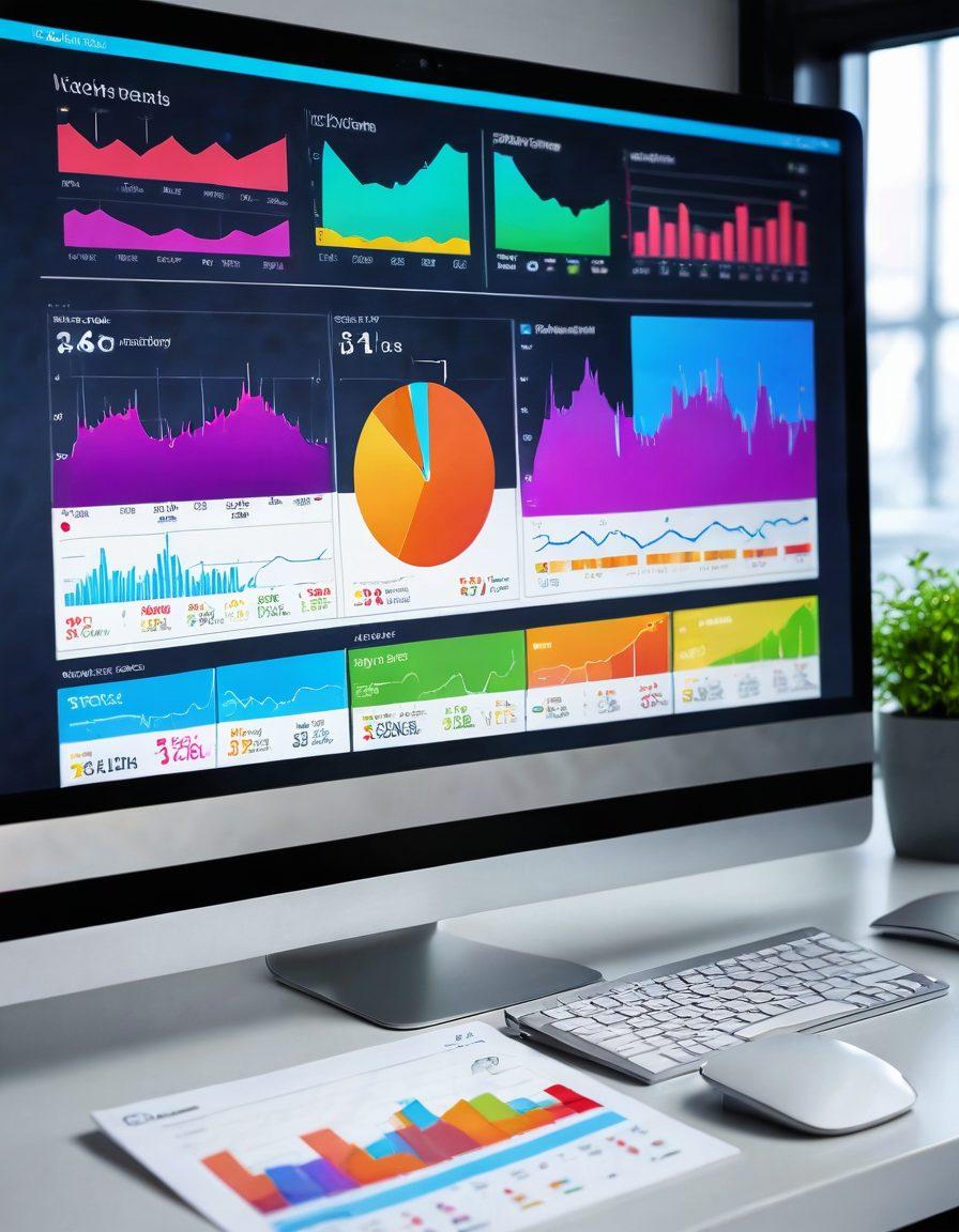 A dynamic digital dashboard filled with colorful charts and graphs, showing web traffic stats, user behavior, and conversion rates. A magnifying glass highlighting key metrics. A sleek, modern office environment in the background with a concentration of tech gadgets. vibrant colors. super-realistic.